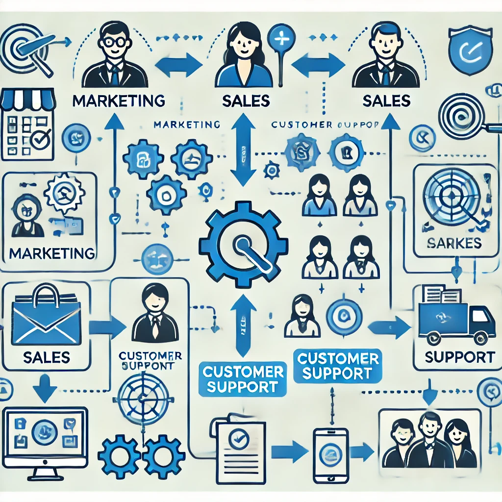 DALL·E 2024 07 18 23.05.02 A detailed illustration of THEMODEL framework showing the integration of marketing sales and customer support departments working together seamlessl