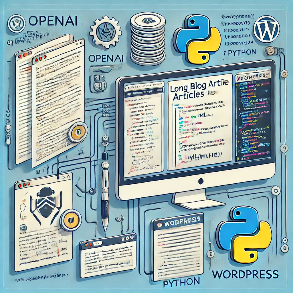 DALL·E 2024 09 21 17.23.41 A detailed and informative image depicting the process of converting long blog articles into WordPress compatible HTML using OpenAI and Python. The im